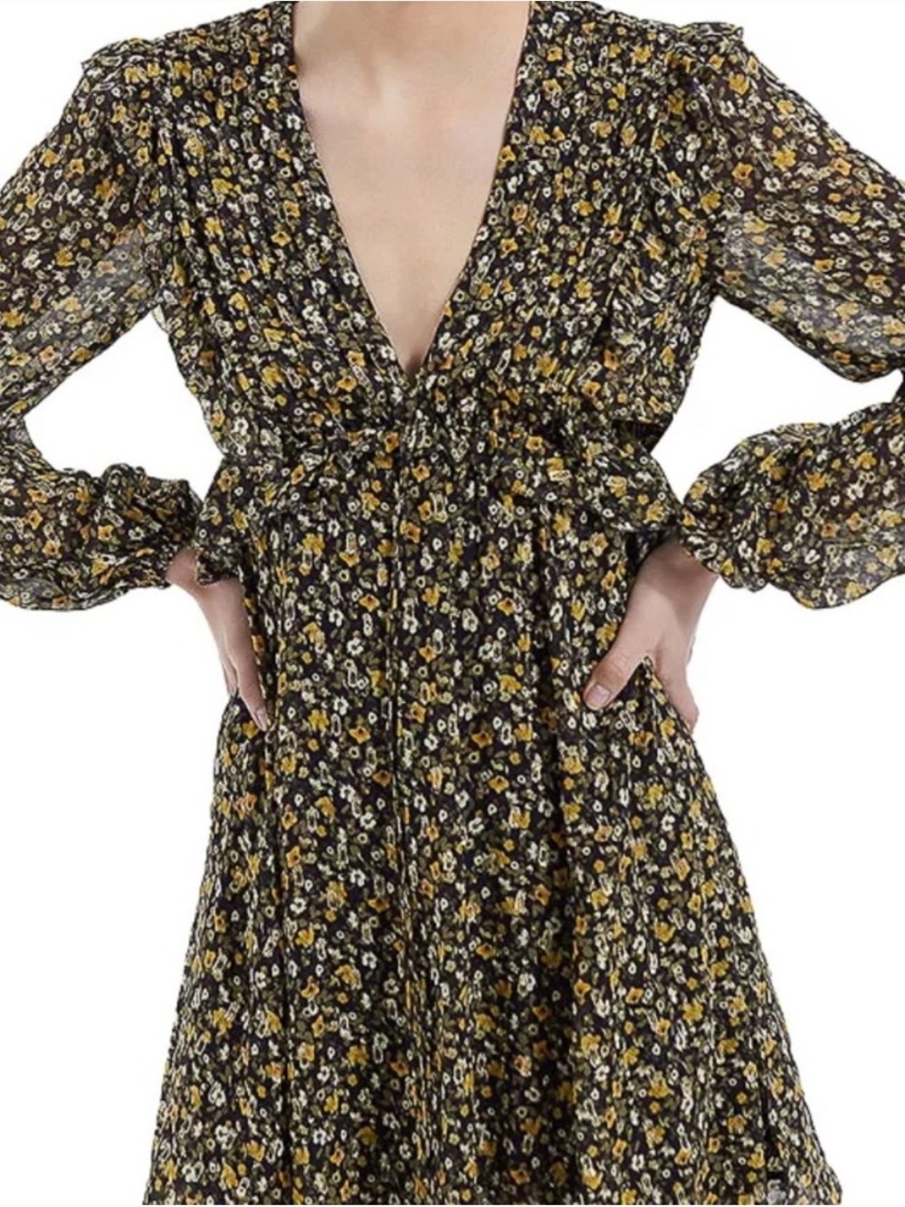 The Kooples Black Floral V-Neck Long Sleeve Dress with Mustard Accents